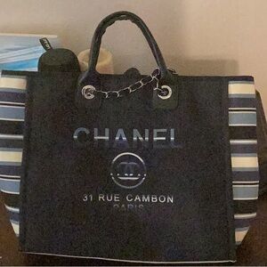 CHANEL Black and White Striped Tote